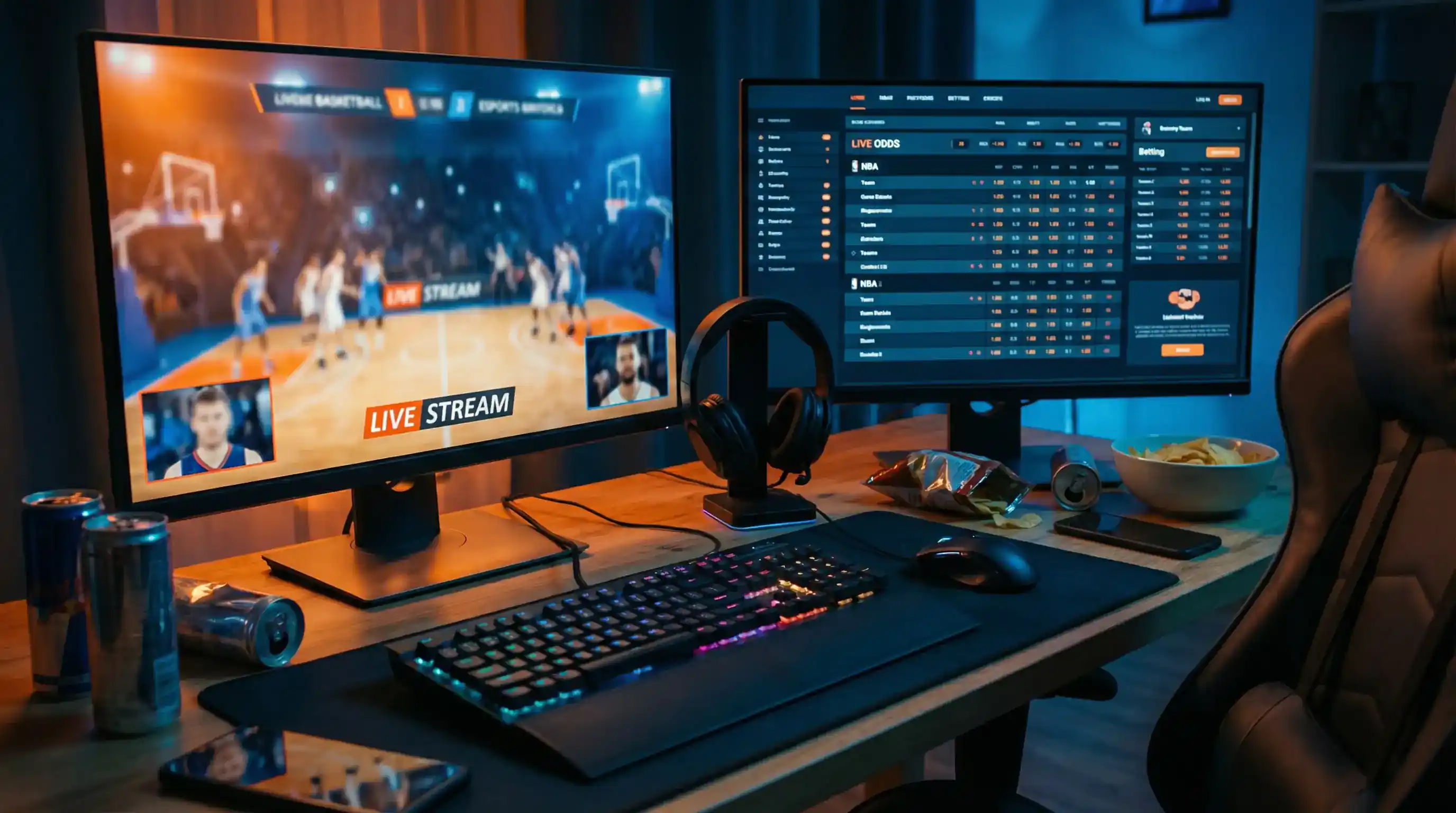 Split screen showing NBA 2K League stream alongside live betting interface with real-time odds