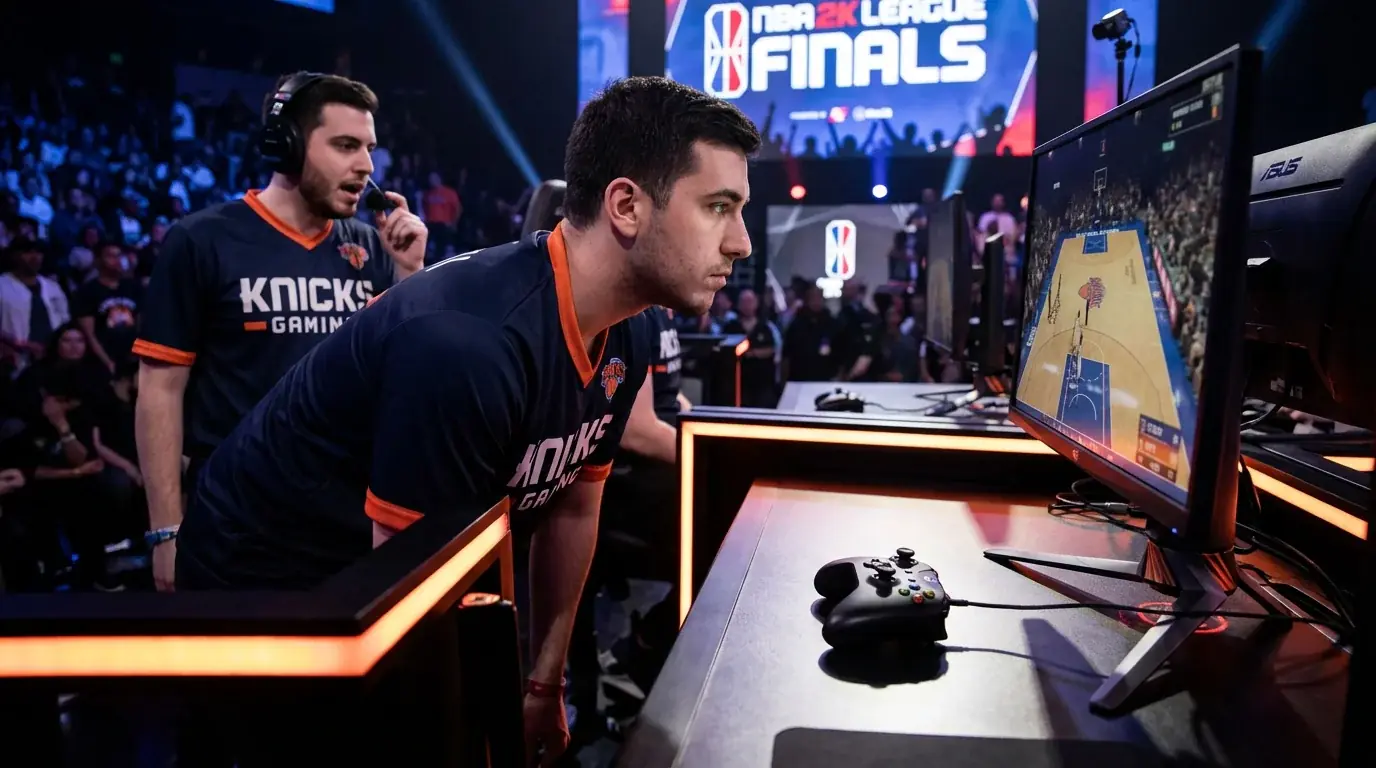 Professional NBA 2K League players competing at gaming stations with team jerseys